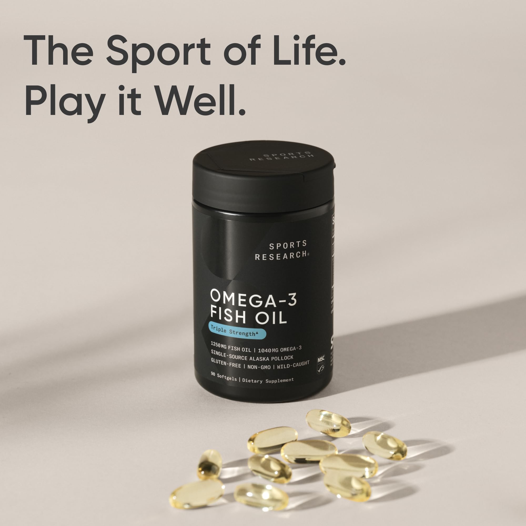 Close-up of EPA and DHA content on Sports Research Omega-3 packaging.