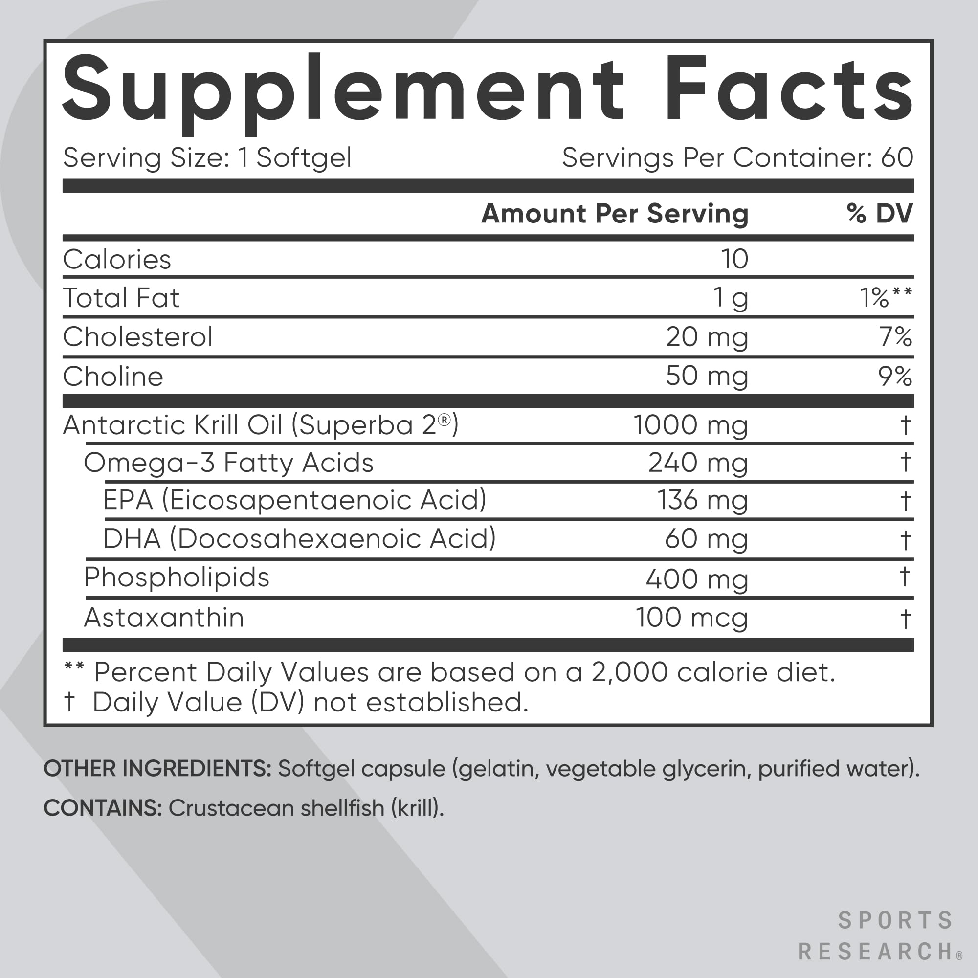 Sports Research Omega-3 Krill Oil highlights elevated astaxanthin and choline