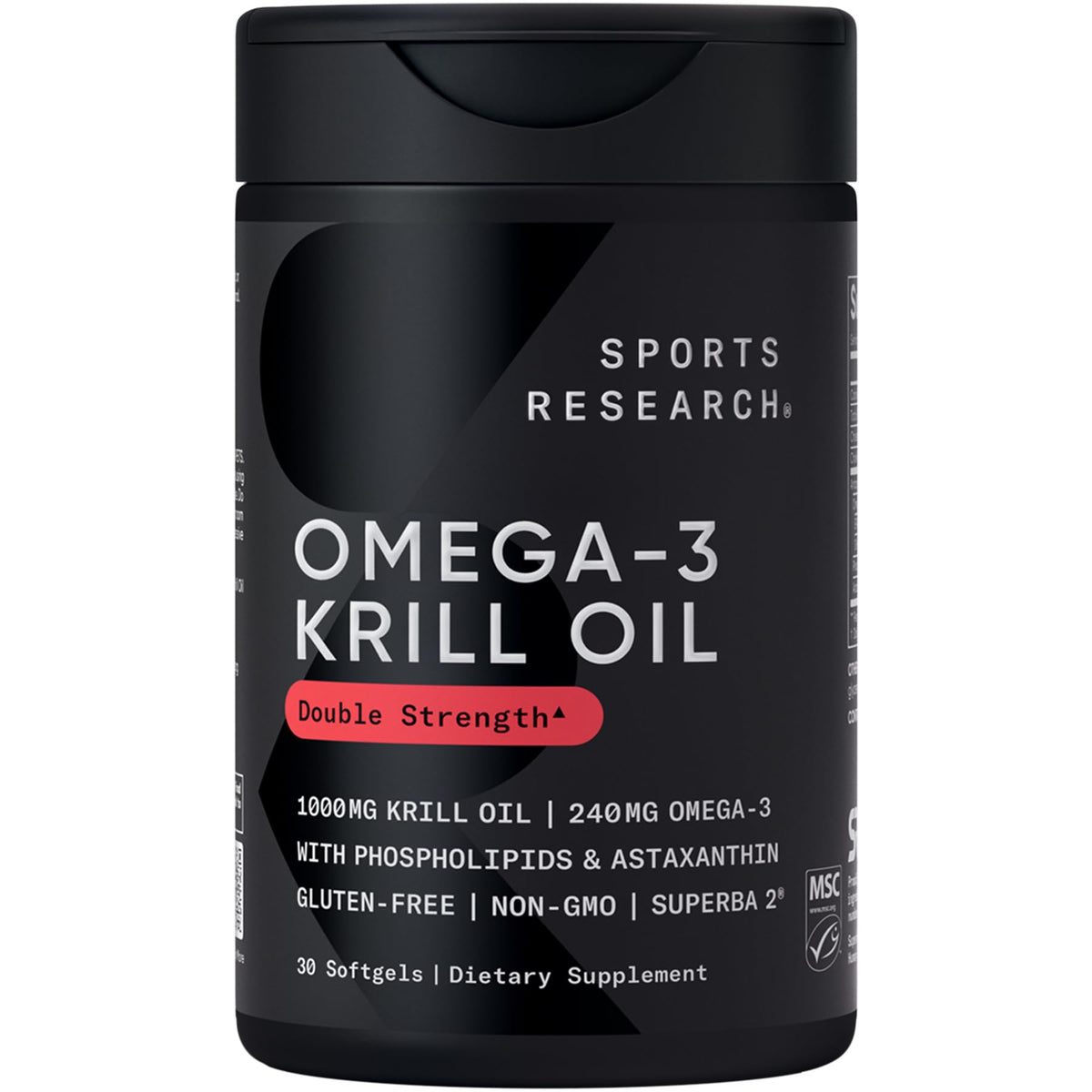 Sports Research Omega-3 Krill Oil bottle shows 1000mg softgels for daily omega-3 support.