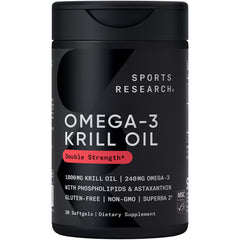 Sports Research Omega-3 Krill Oil bottle shows 1000mg softgels for daily omega-3 support.