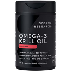 Sports Research Omega-3 Krill Oil mini gels bottle front for convenient daily supplement