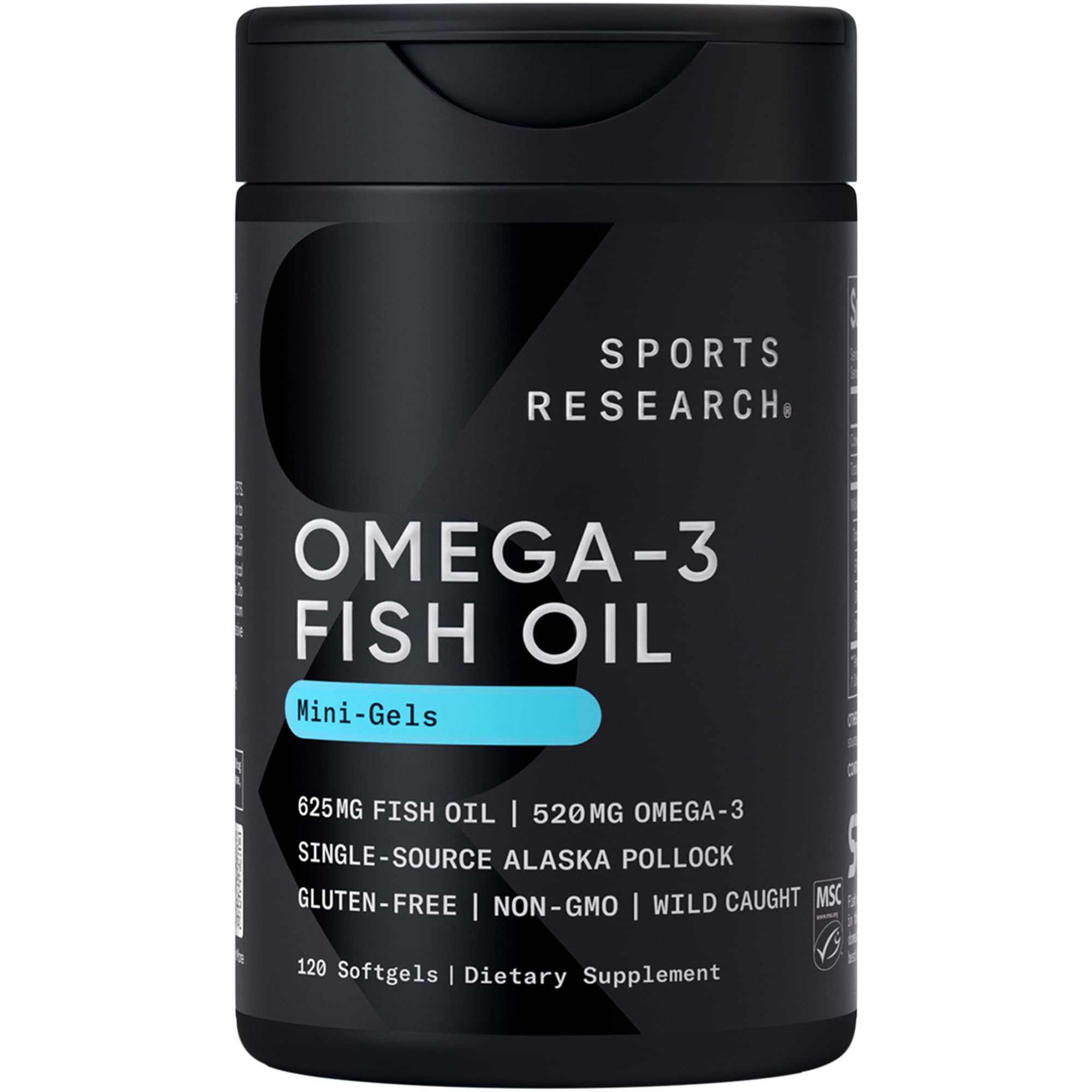 Sports Research Omega-3 Mini-Softgels bottle with burpless capsules for daily use