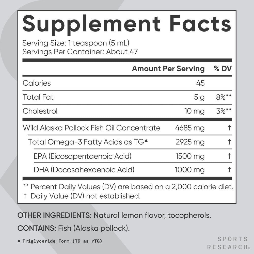 Sports Research Omega-3 MSC and IFOS icons signify sustainability and purity.