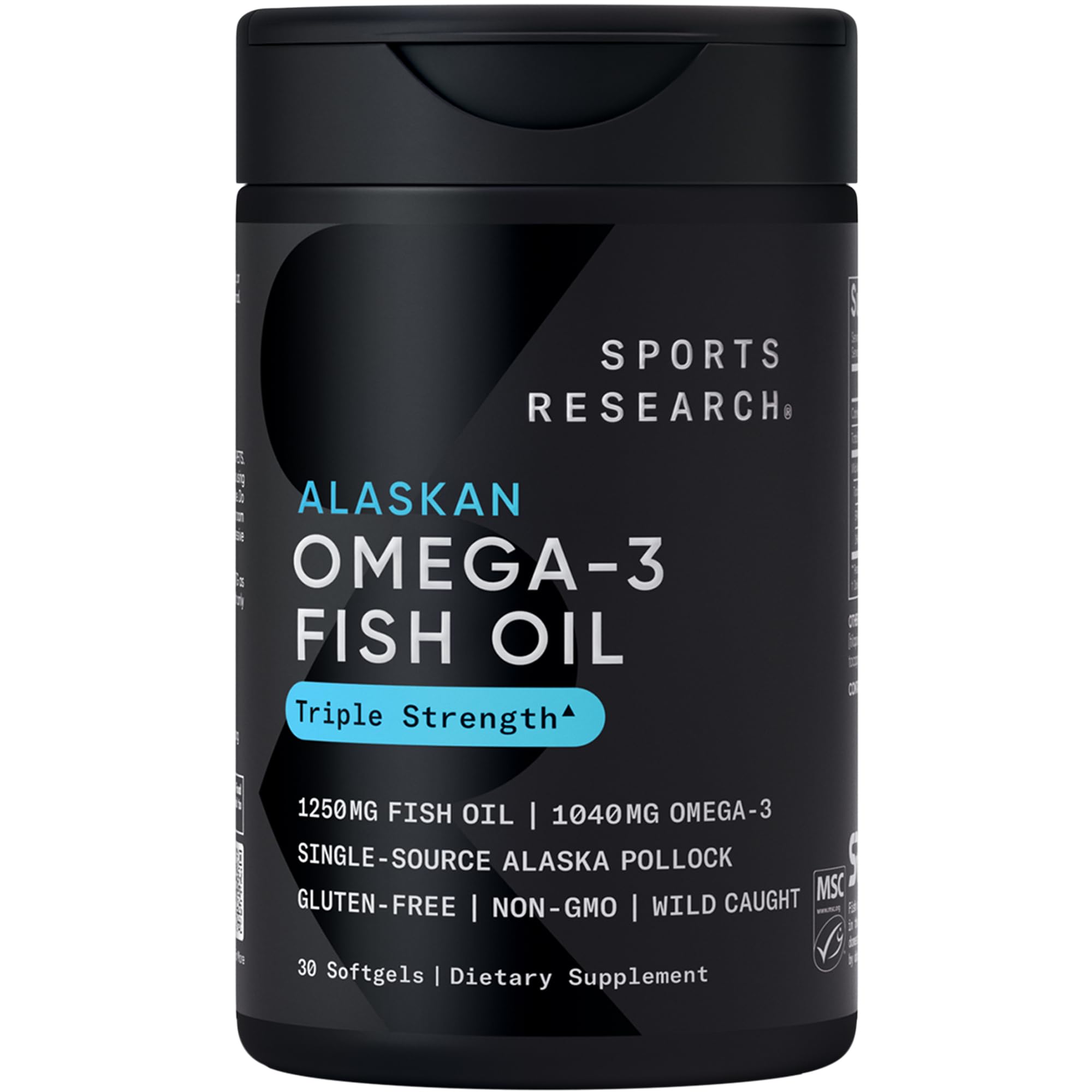 Sports Research Omega-3 triple-strength bottle view highlighting potency and freshness