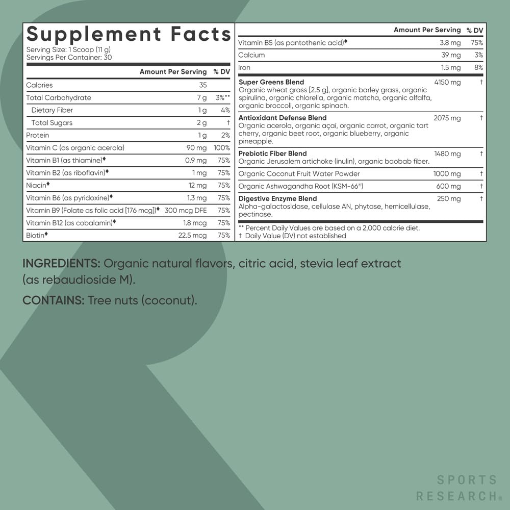 Sports Research Organic Greens vitamins-label notes eight B vitamins for daily vitality