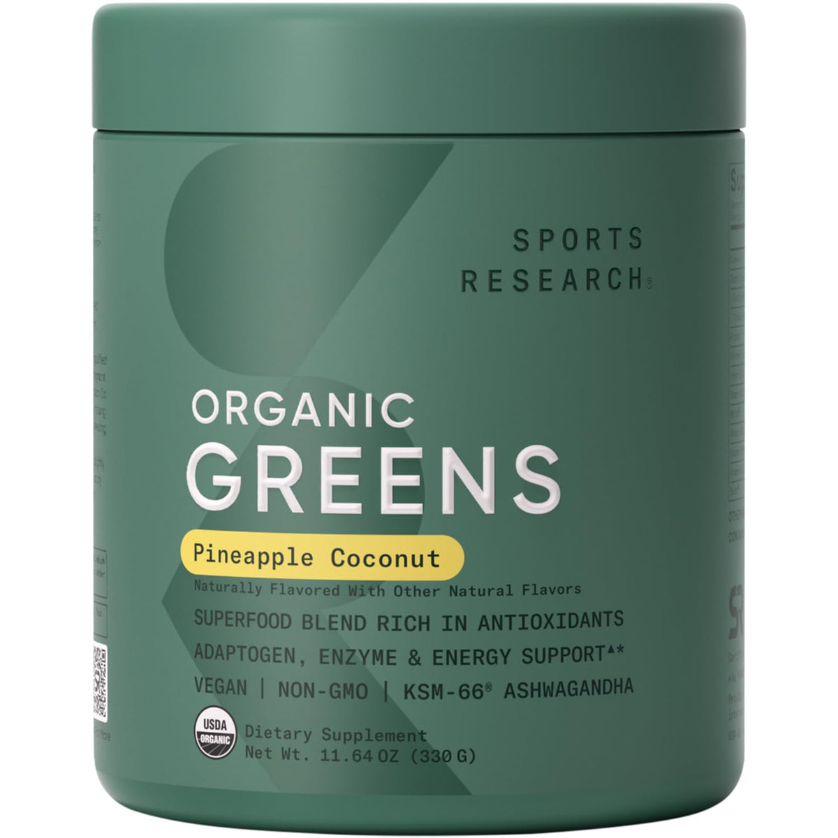 Sports Research Organic Greens pineapple coconut tub highlights tropical flavor for daily energy