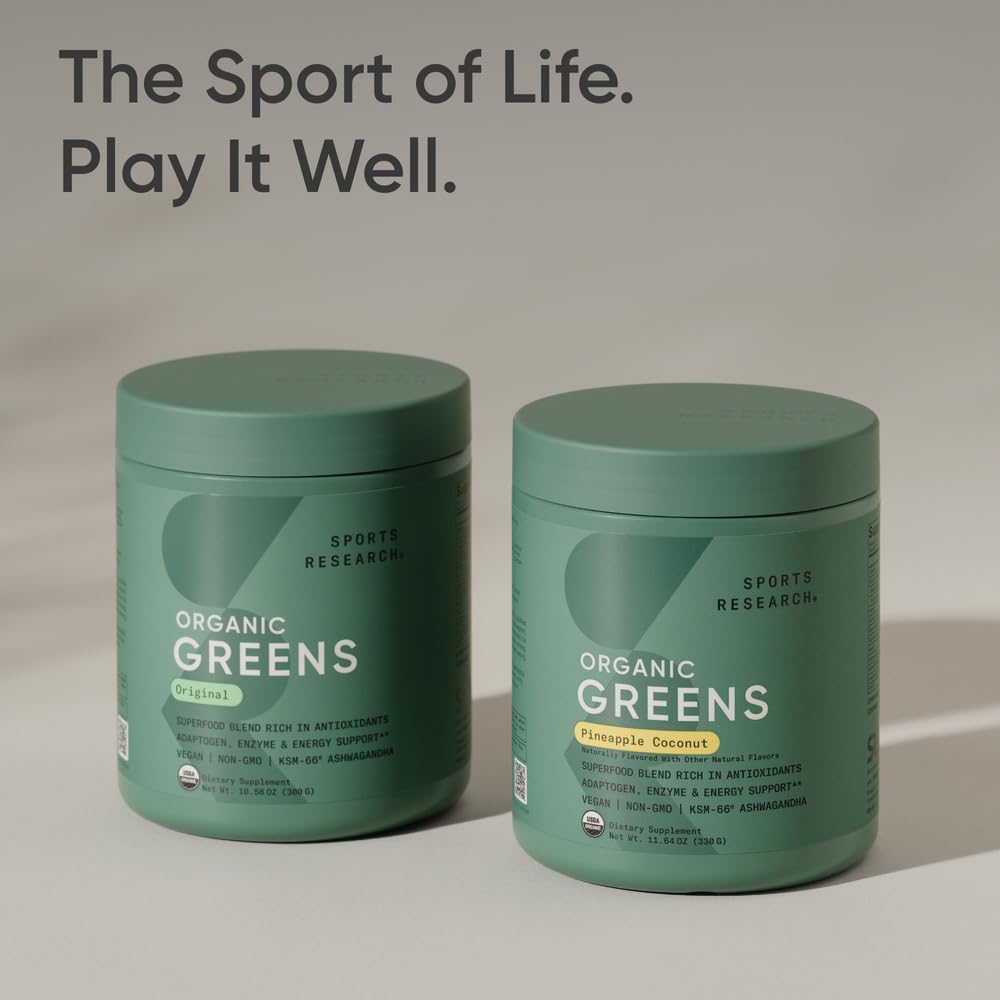 Sports Research Organic Greens vegan-sugar-free badge appeals to clean eating routines