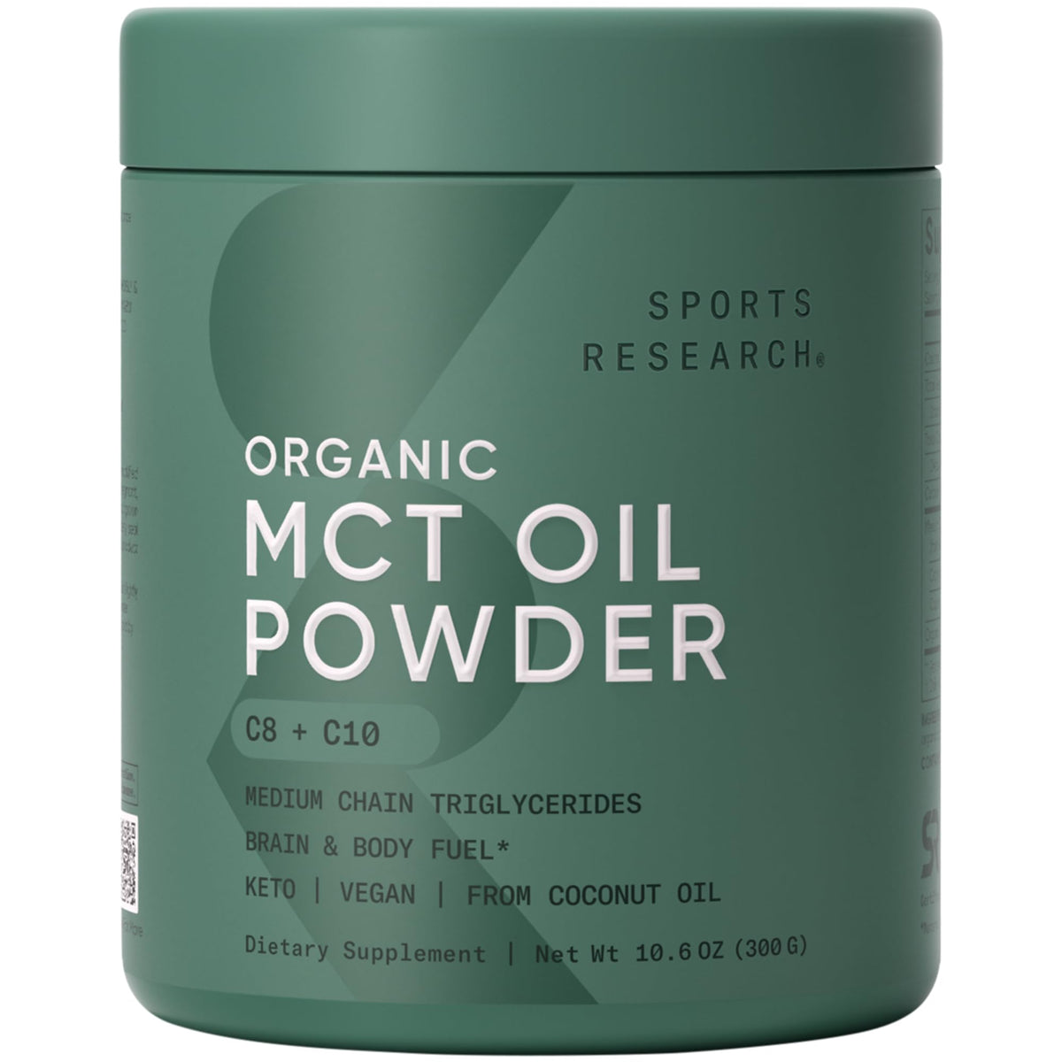 Sports Research Organic MCT Oil Powder bottle closeup, keto-friendly energy support.