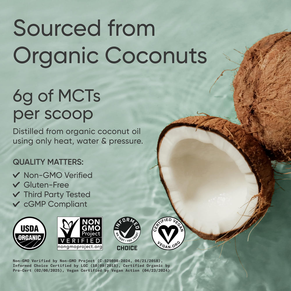 Sports Research Organic MCT Oil Powder scoop in coffee, creamy boost.