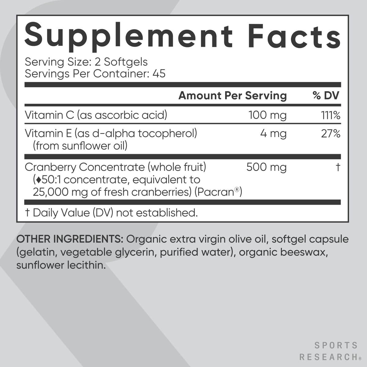 Sports Research Pacran concentrate badge, equivalent to 25,000 mg of fresh cranberries.