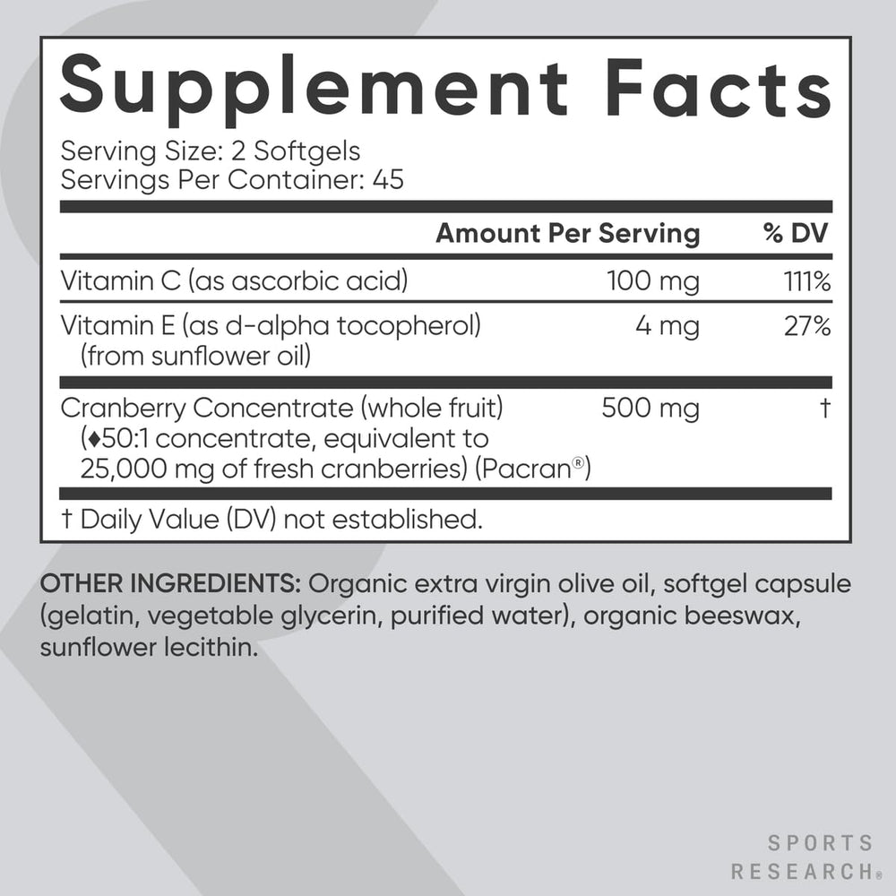Sports Research Pacran concentrate badge, equivalent to 25,000 mg of fresh cranberries.