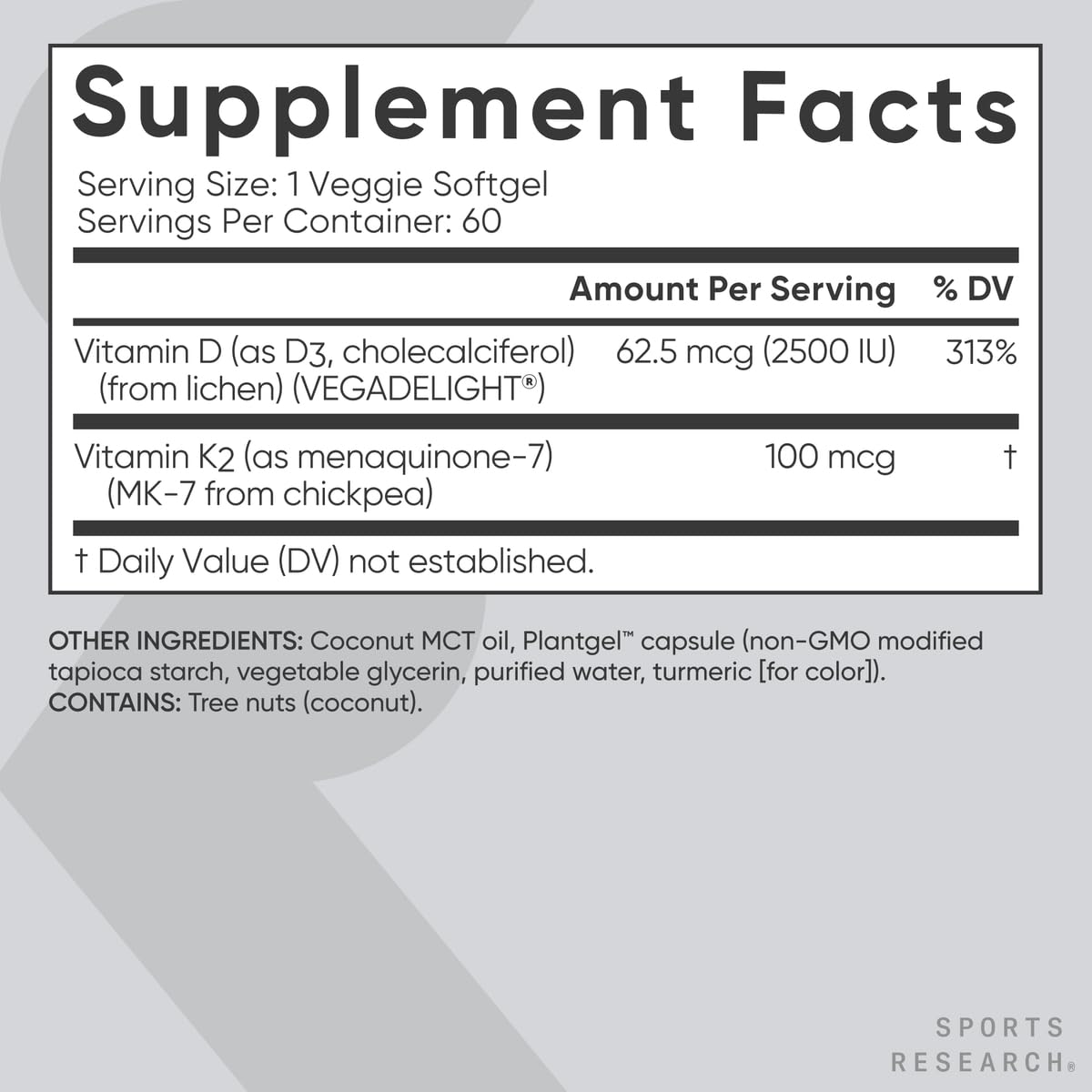 Sports Research plant-based D3 + K2 capsules for vegan-friendly bone support.