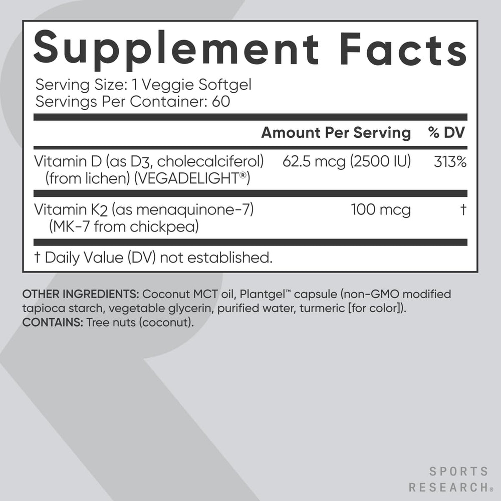 Sports Research plant-based D3 + K2 capsules for vegan-friendly bone support.