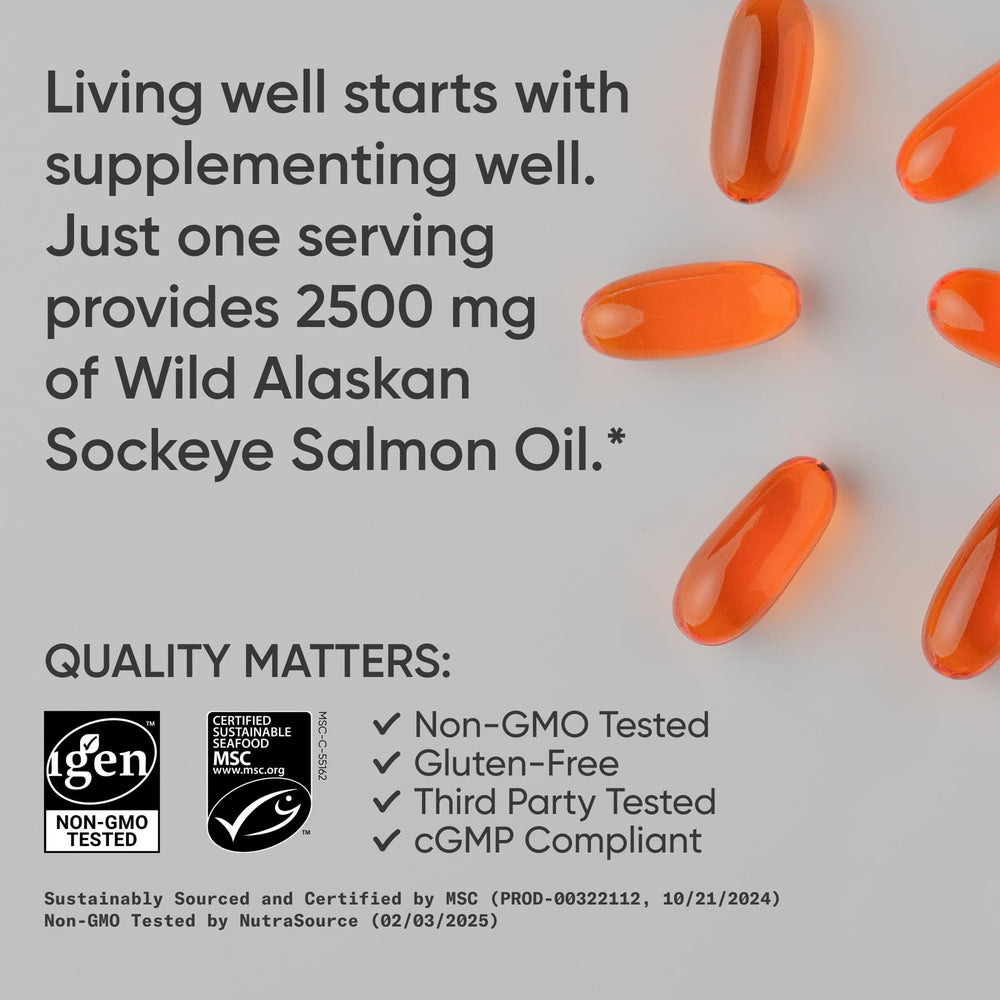 Serving size panel shows 2,500 mg per serving for omega-3 support.