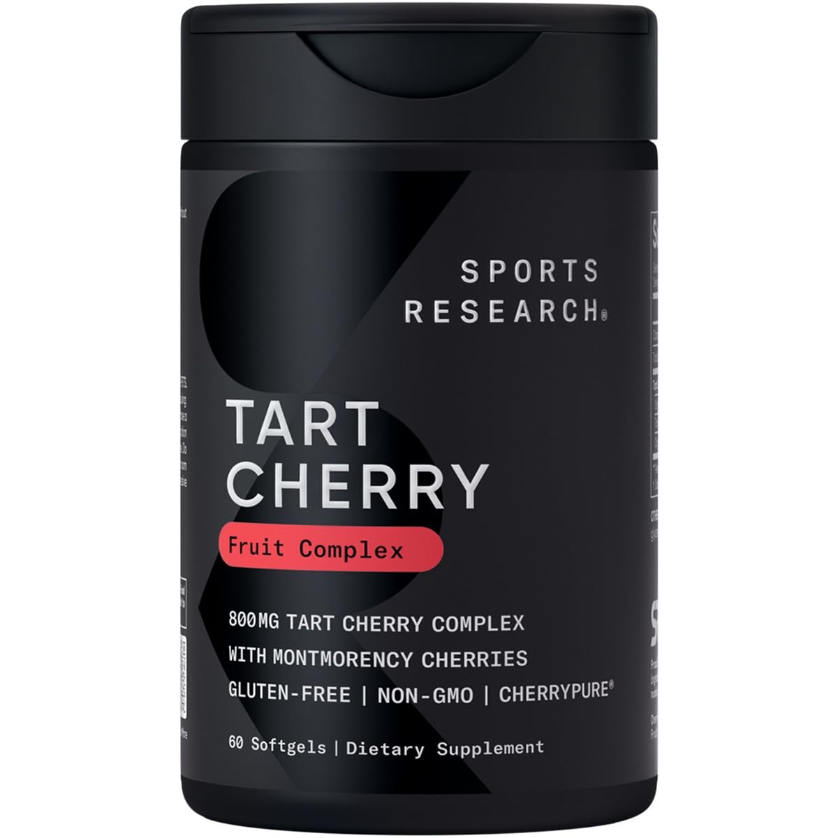 Sports Research Tart Cherry bottle shows Montmorency cherries for daily wellness.