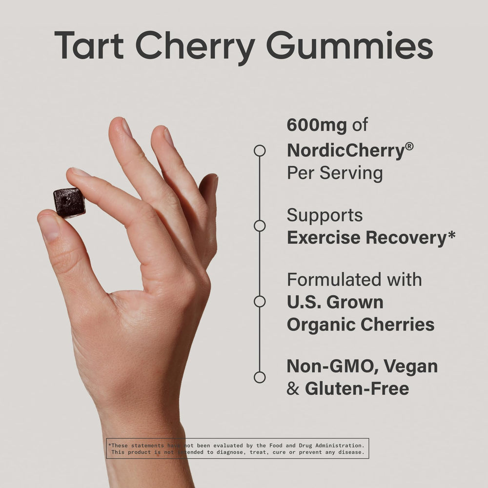 Sports Research Tart Cherry Gummies jar close-up highlighting delicious flavor.