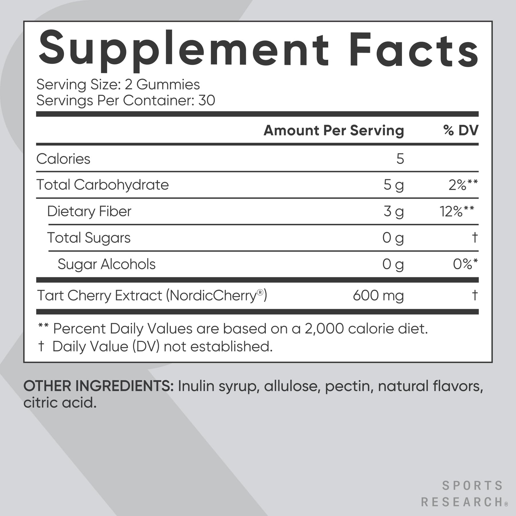 Sports Research Tart Cherry Gummies vegan, gluten-free, non-GMO certification on packaging.