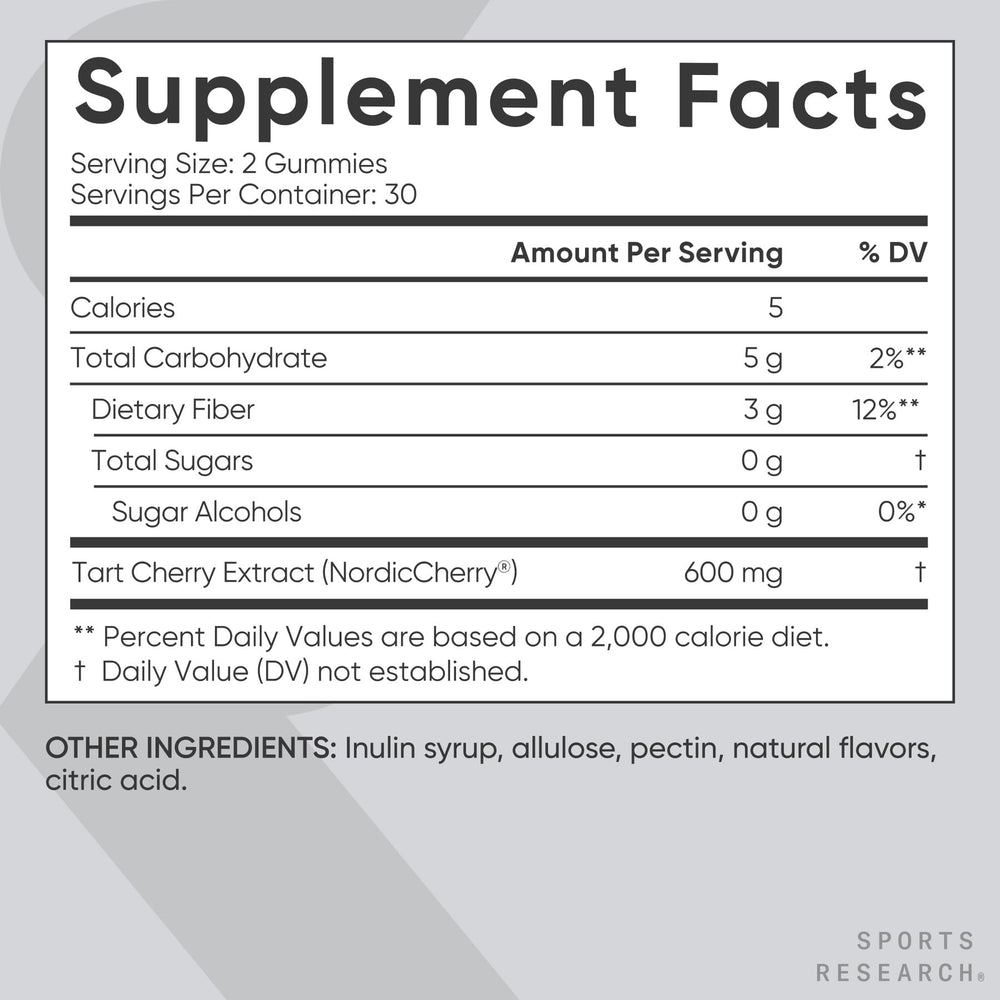 Sports Research Tart Cherry Gummies vegan, gluten-free, non-GMO certification on packaging.