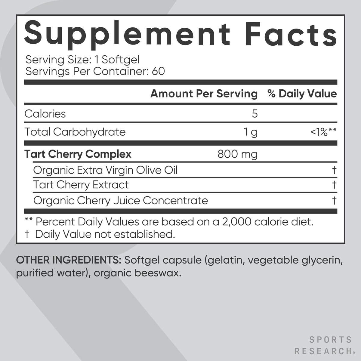 Sports Research Tart Cherry badge confirms non-GMO and gluten-free safety.