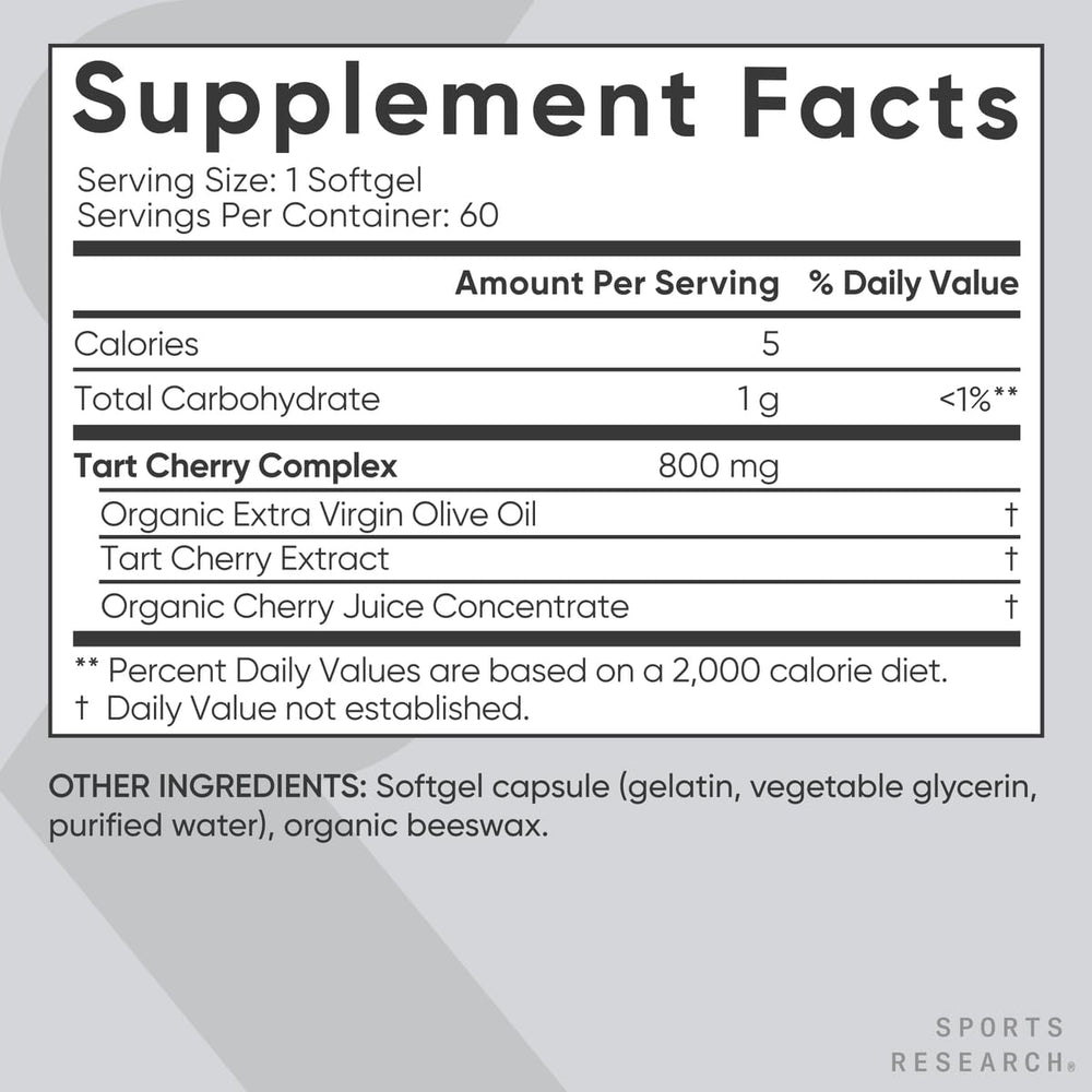 Sports Research Tart Cherry badge confirms non-GMO and gluten-free safety.