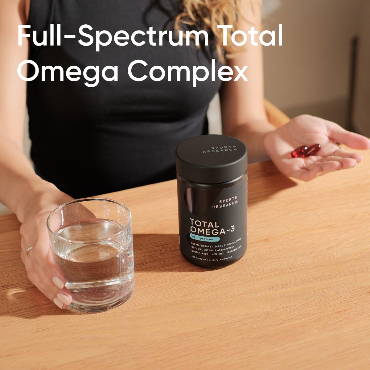 Sports Research third-party testing badge on omega-3 packaging.