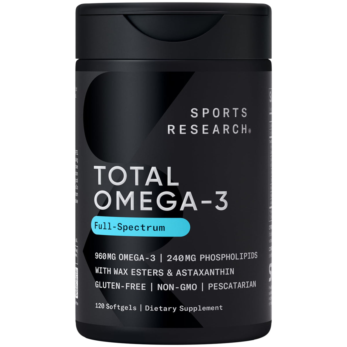 Sports Research Total Omega-3 bottle label highlights potency and purity.
