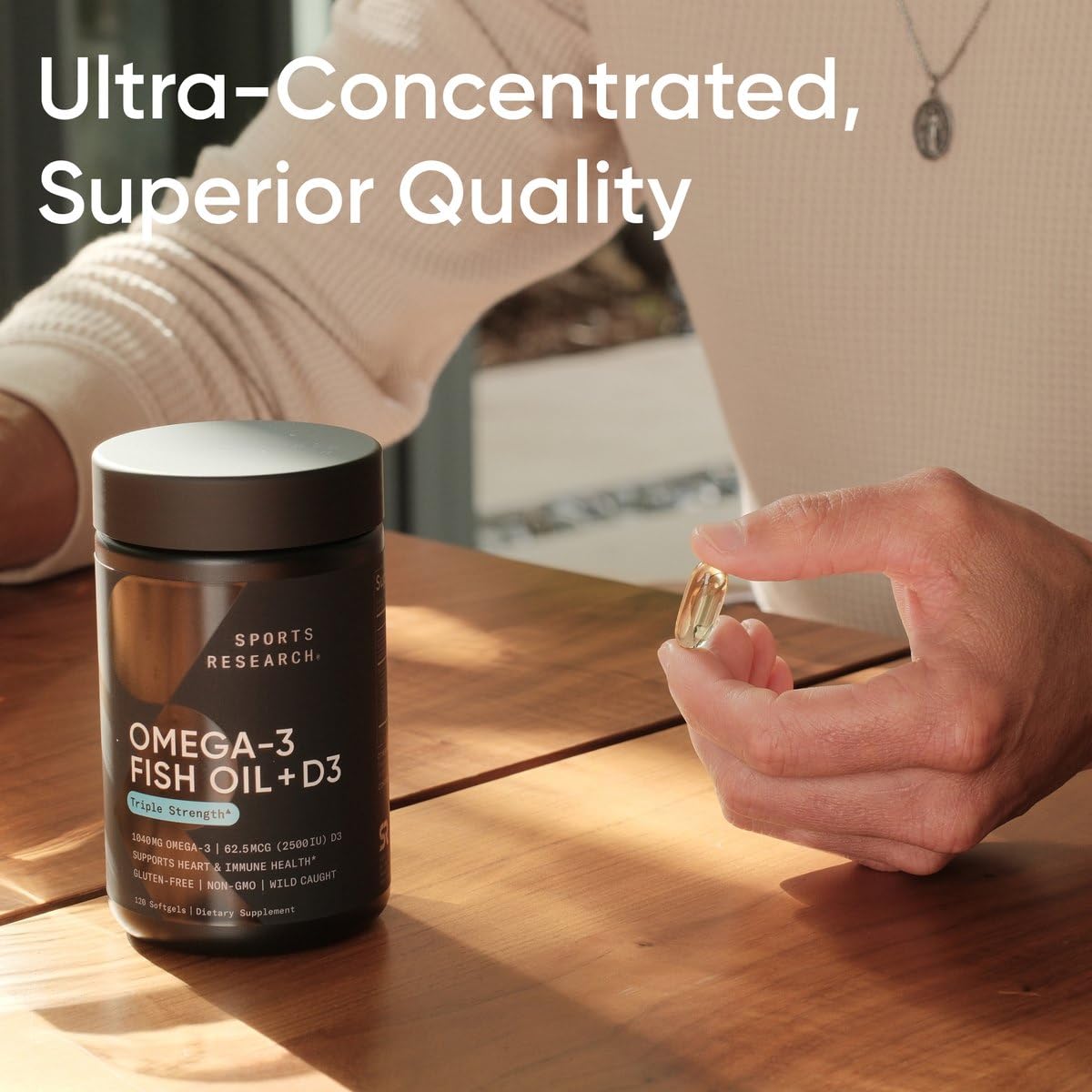 Sports Research Triglyceride-form softgels closeup communicates higher absorption potential.