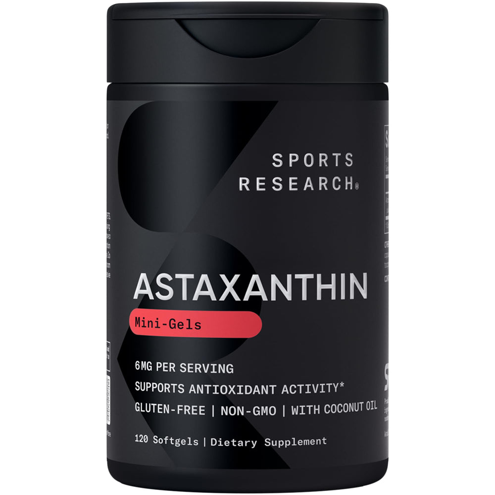 Sports Research triple-strength astaxanthin bottle with antioxidant support.