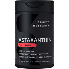 Sports Research triple-strength astaxanthin bottle highlights potent antioxidant support.