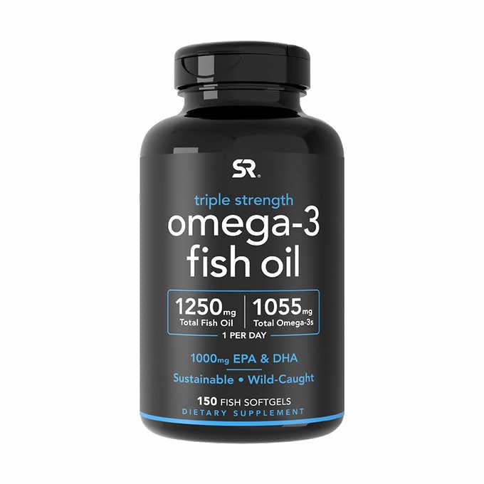 Sports Research Triple Strength Omega-3 bottle showing one-a-day softgels for heart and brain support.