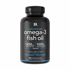 Sports Research Triple Strength Omega-3 bottle showing one-a-day softgels for heart and brain support.