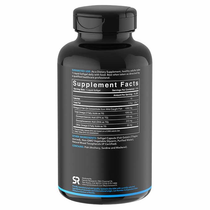 Sports Research burpless Omega-3 softgels close-up highlighting high EPA and DHA content.