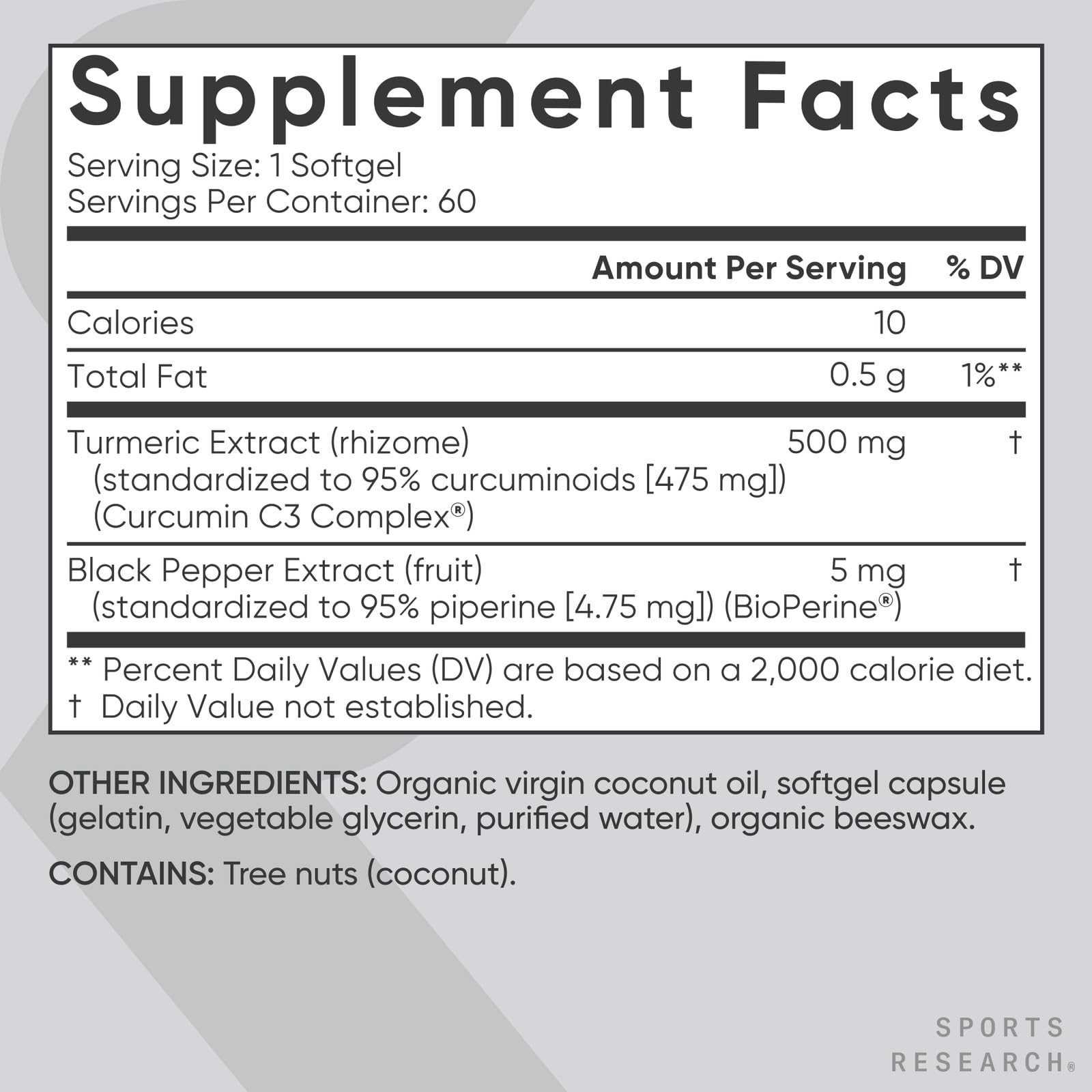 Sports Research Turmeric Curcumin graphic emphasizes BioPerine for absorption.
