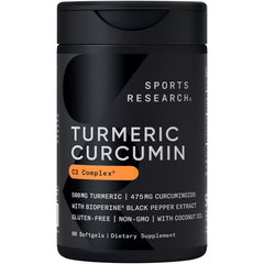 Sports Research Turmeric Curcumin bottle front highlights 95% curcuminoids for daily wellness.