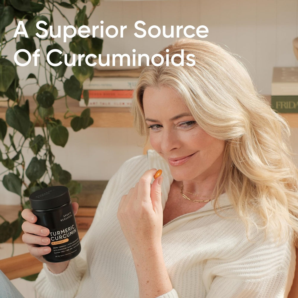 Sports Research Turmeric Curcumin packaging with coconut oil notes enhanced absorption.