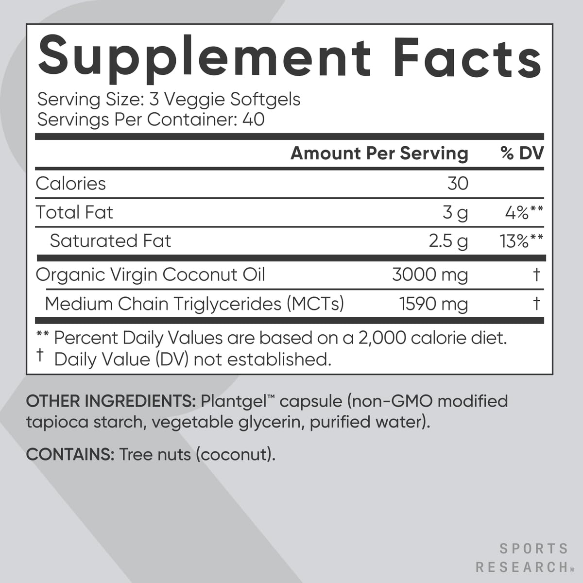 Sports Research US manufacturing facility seal on coconut oil capsules