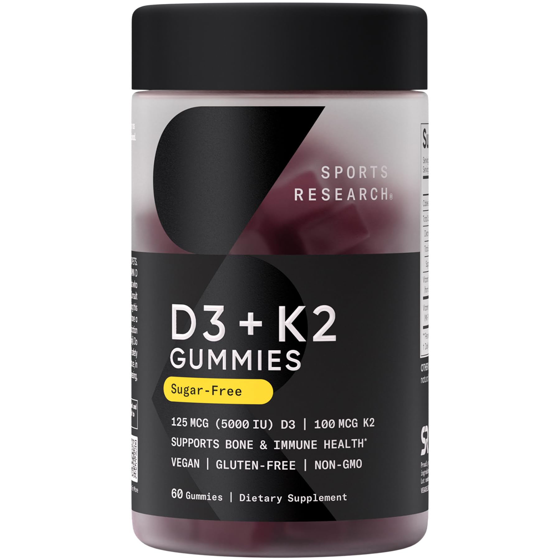 Sports Research vegan D3 K2 gummy bottle front for bone and immune support.