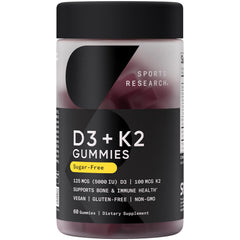 Sports Research vegan D3 K2 gummy bottle front for bone and immune support.