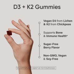 Sports Research vegan D3 K2 gummy bottle side showing daily use.