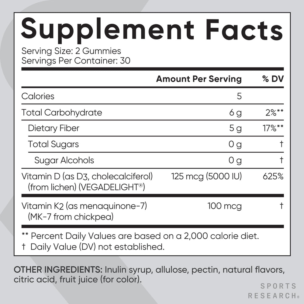 Sports Research vegan D3 K2 gummy label closeup.