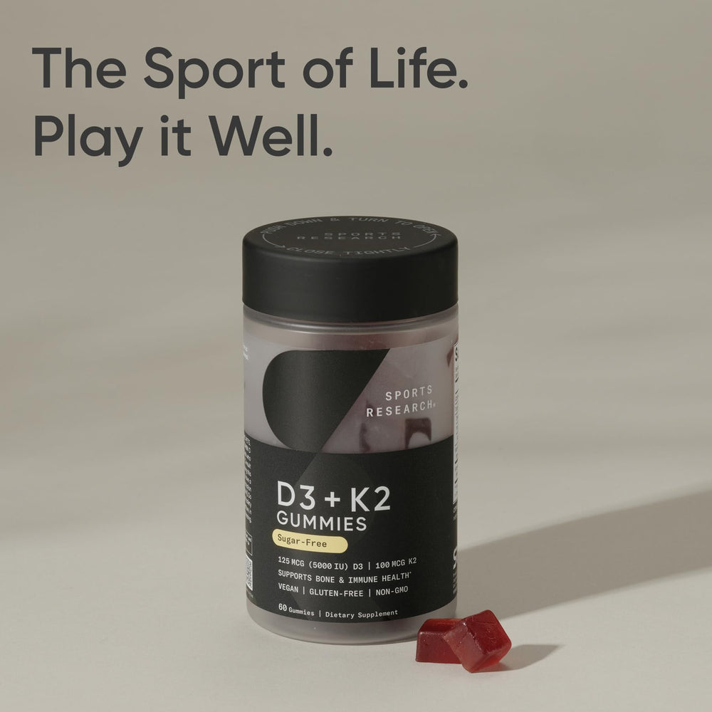 Sports Research vegan D3 K2 gummy promotional banner.