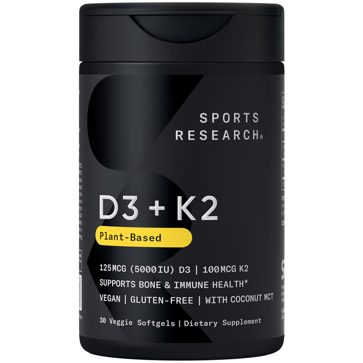 Sports Research vegan D3 + K2 softgel bottle for daily bone and immune support.