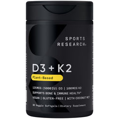 Sports Research vegan D3 + K2 softgel bottle for daily bone and immune support.