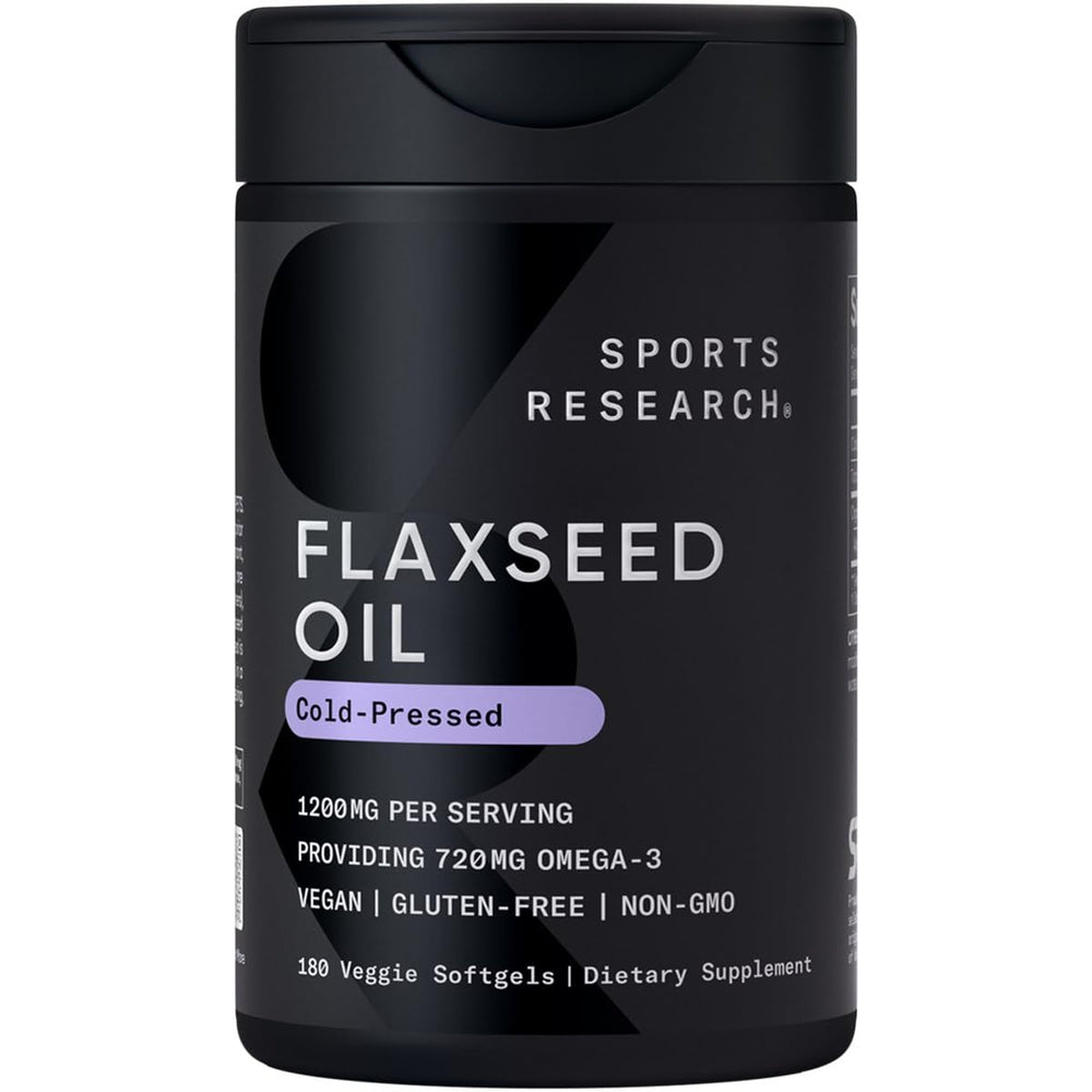Sports Research vegan flaxseed oil bottle shows plant-based omega-3 option.