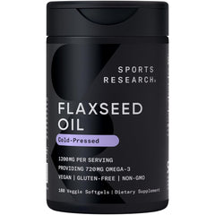Sports Research vegan flaxseed oil bottle shows plant-based omega-3 option.