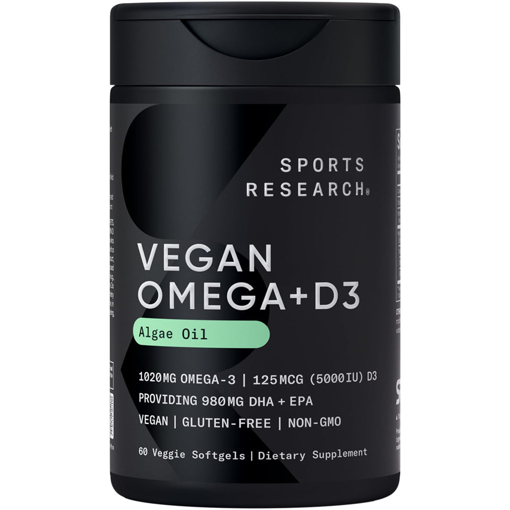 Sports Research vegan omega-3 D3 bottle highlighting plant-based fatty acids.
