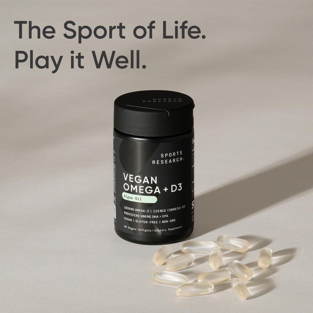 Sports Research omega-3 D3 bottle shown on kitchen counter.