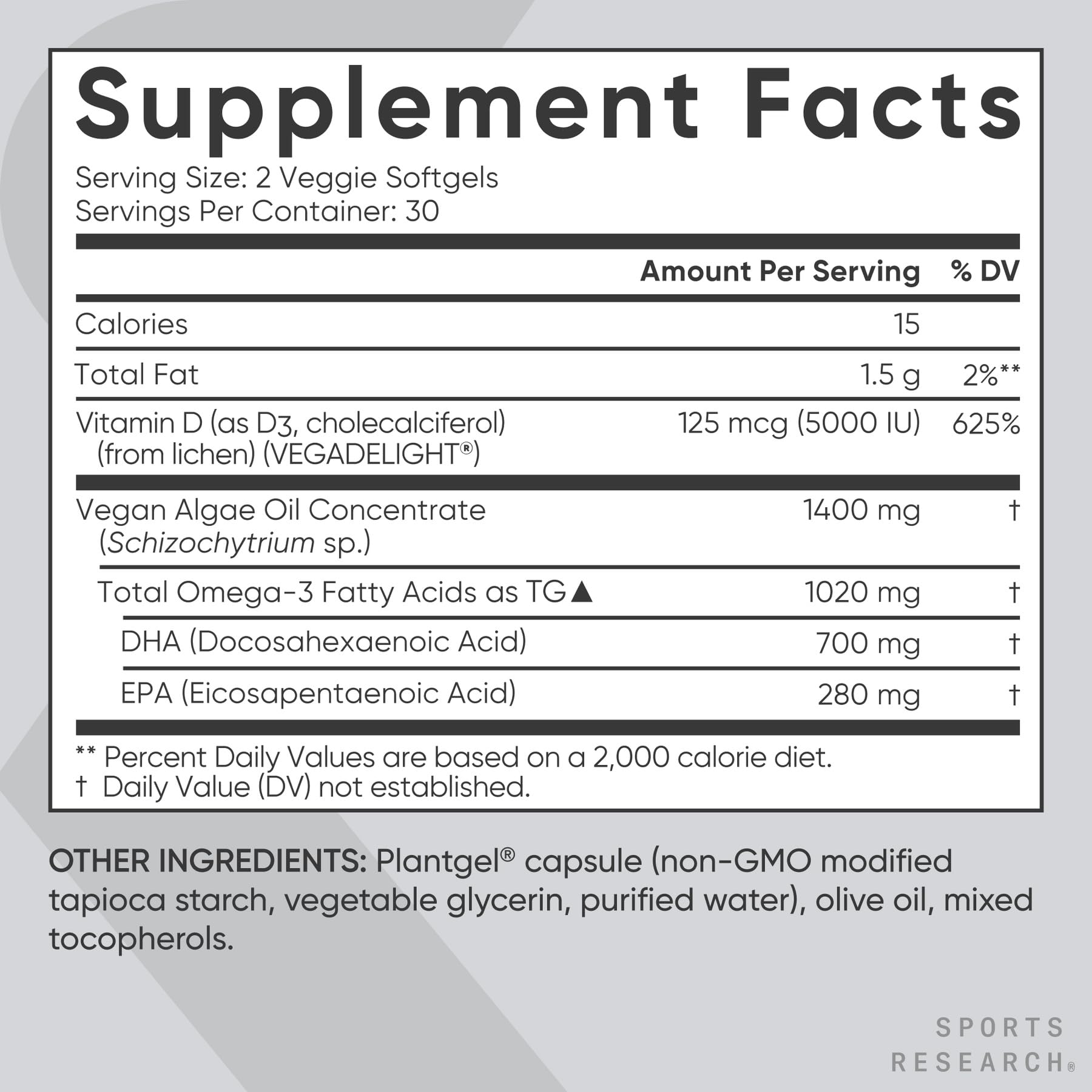 Sports Research bottle on shelf suggests daily use of vegan softgels.