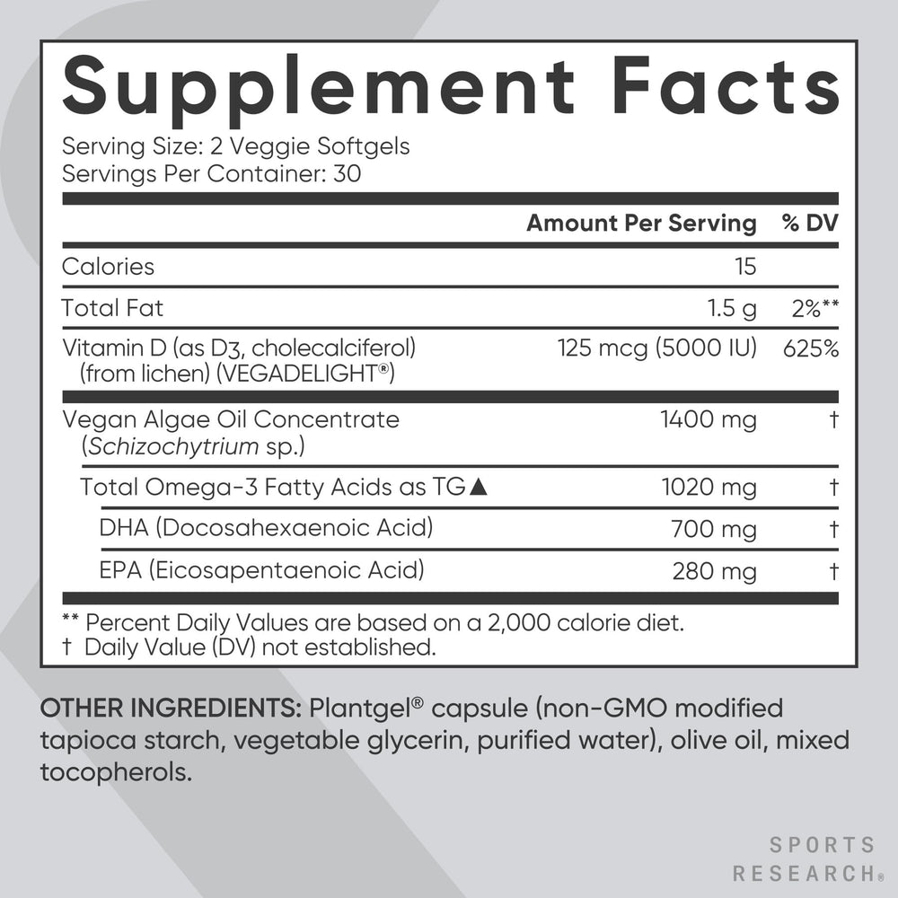 Sports Research bottle on shelf suggests daily use of vegan softgels.