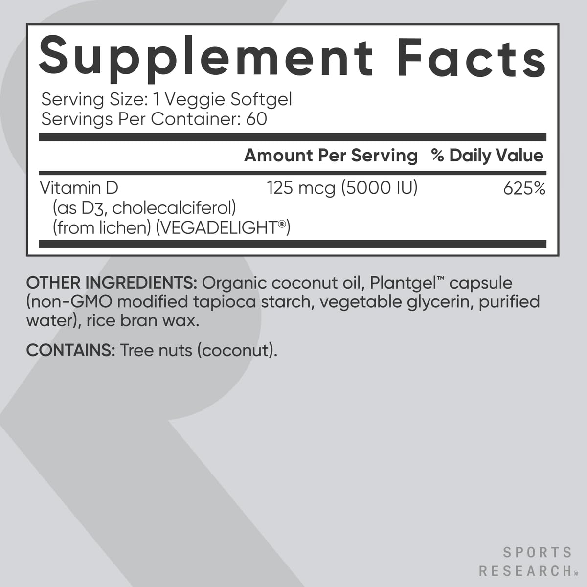 Vegan-certified badge visible on Sports Research Vitamin D3 bottle